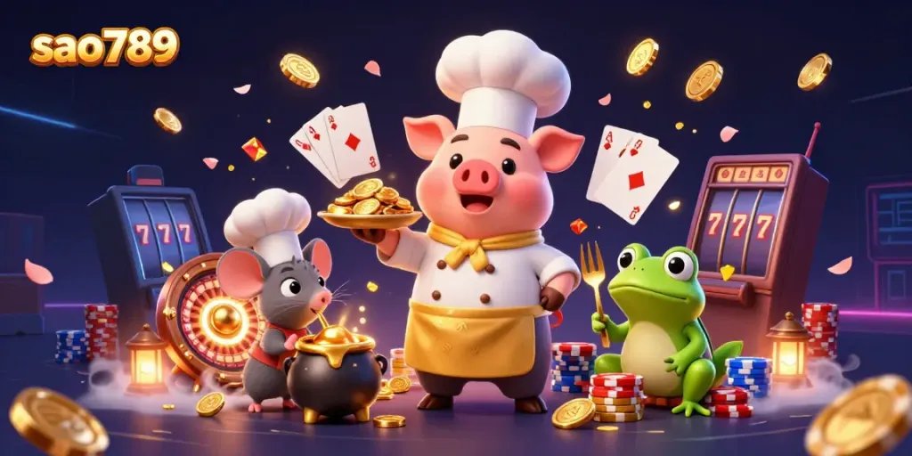 Experience the excitement of sao789 with a vibrant illustration of a cooking pig, tasting mouse, and critiquing frog among casino treasures.