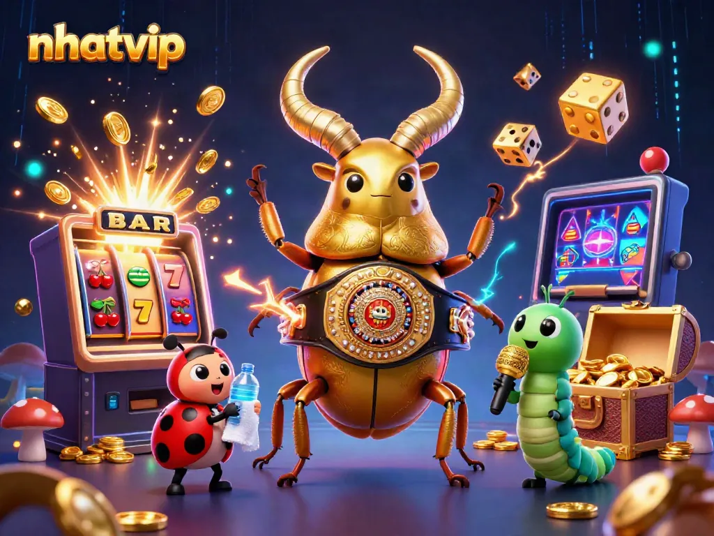 Engage with the dynamic nhatvip casino scene featuring a golden stag beetle, characters, and a slot machine explosion.