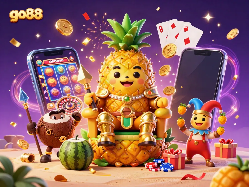 Engage in the world of go88 with a vibrant 3D scene featuring a pineapple king, casino elements, and celebration confetti.