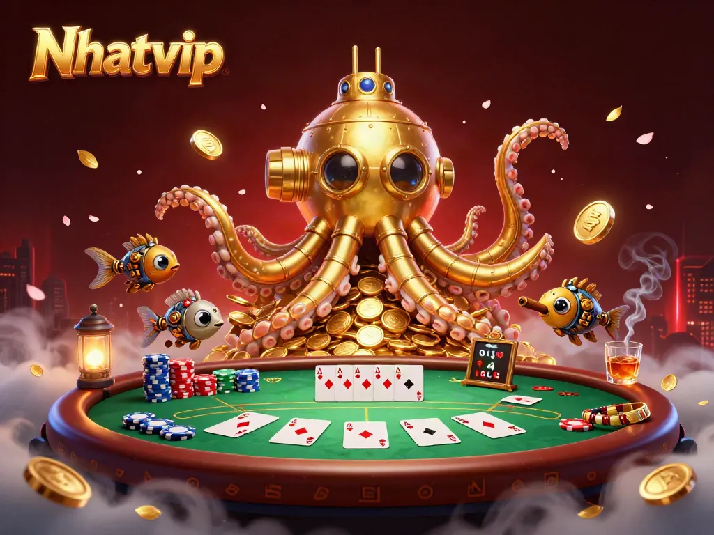 Nhatvip reveals an exciting poker scene with a golden kraken submarine amidst flying poker chips and cards.