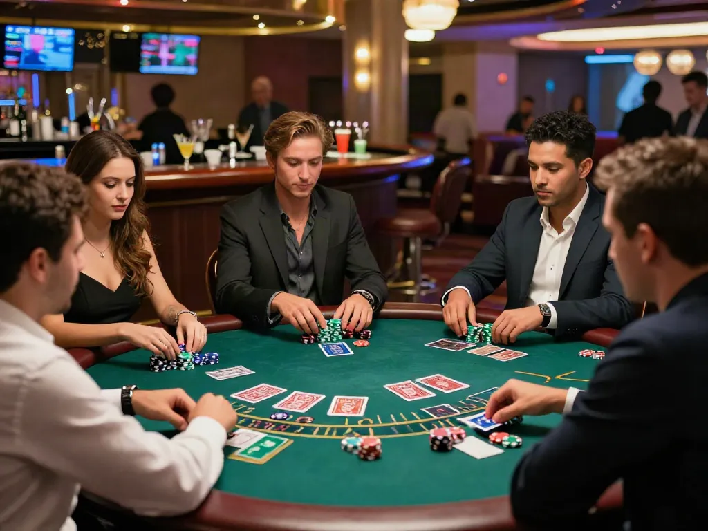 Credit card casinos scene with players enjoying a lively blackjack game in an upscale casino.