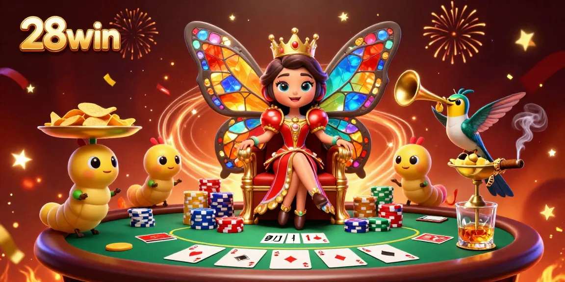 Engage in vibrant gambling scenes with 28win featuring a butterfly queen, poker elements, and celebratory visuals.