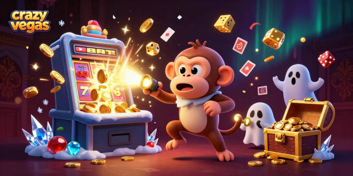 Experience the excitement of crazyvegas with a playful monkey juggling casino treasures in a haunted scene.